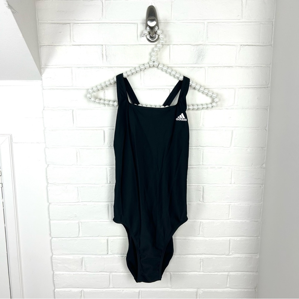 Adidas Black One Piece Logo Open Back Swimsuit Size 6